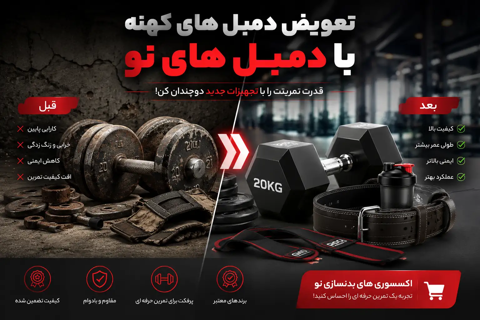 تعویض دمبل های کهنه با دمبل نو با اکسسوری های بدنسازی + راهنمایی کامل | فروشگاه Md Sport Pro
